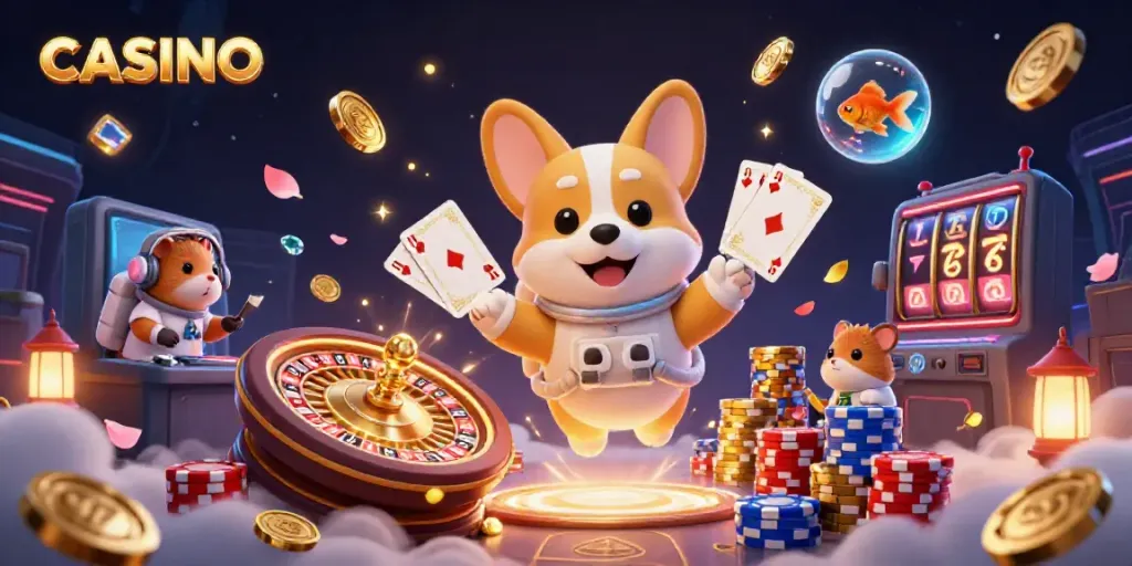 Floating in the zero gravity casino, the astronaut corgi collects casino chips and coins.