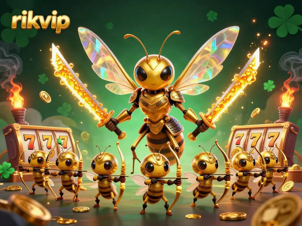 Experience the thrill of gambling with rikvip, featuring a golden hornet samurai amidst vibrant gaming elements.