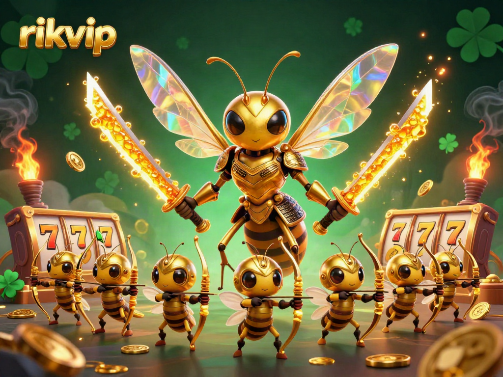Experience the thrill of gambling with rikvip, featuring a golden hornet samurai amidst vibrant gaming elements.