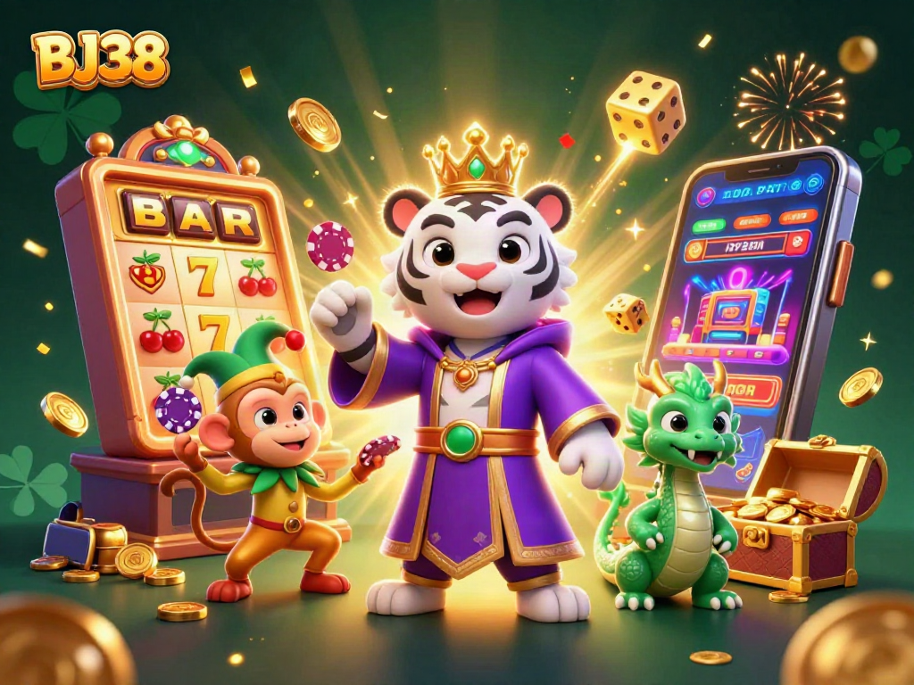 Immerse in the excitement of BJ38 with the tiger and monkey amidst a jackpot explosion of coins and colorful casino games.