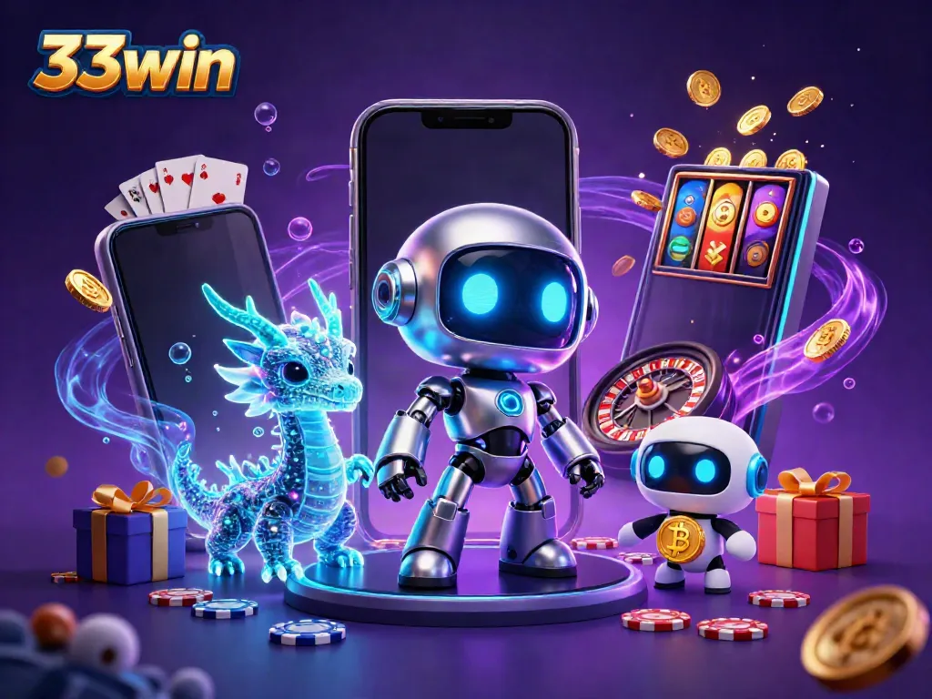 Experience the vibrant world of 33win with a cyberpunk robot mascot, AI dragon, and bitcoin at a bustling casino