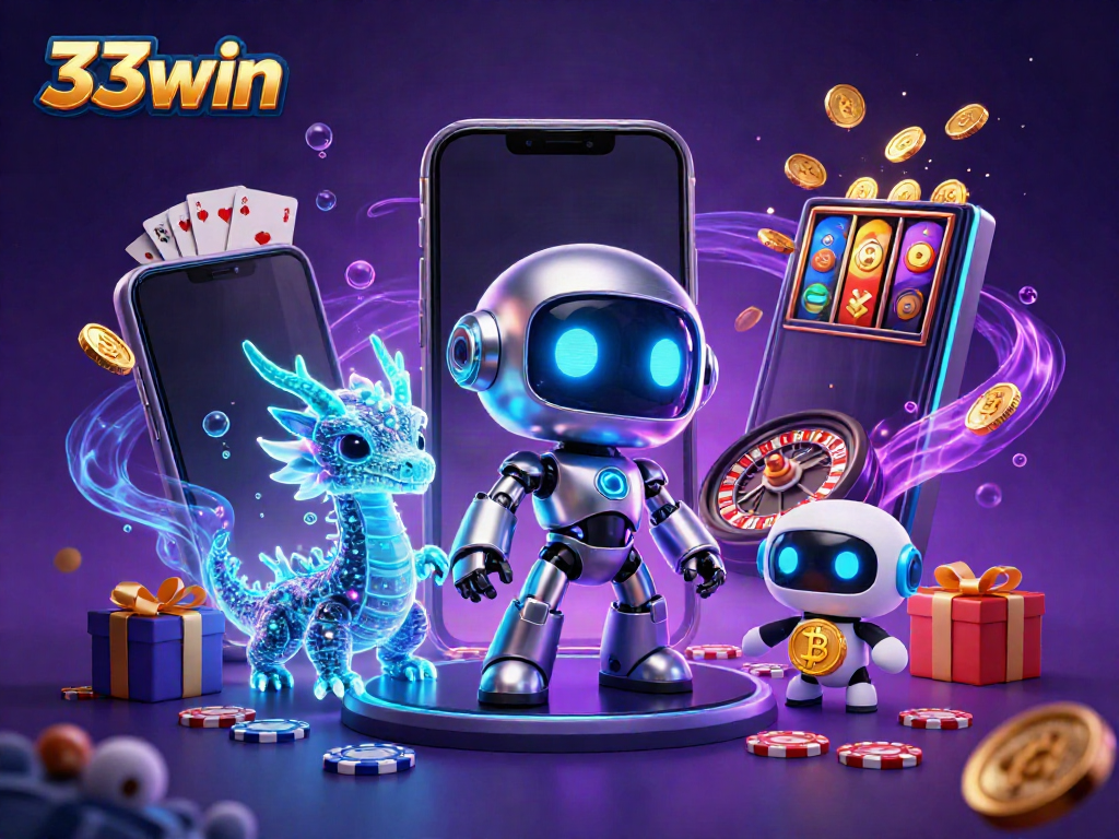 Experience the vibrant world of 33win with a cyberpunk robot mascot, AI dragon, and bitcoin at a bustling casino