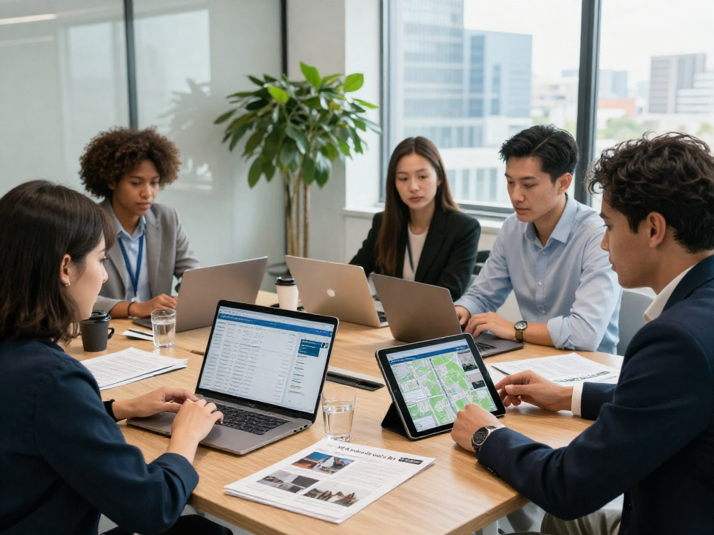 IDXSTAR real estate team collaborating in a modern office, showcasing property analytics and market insights.