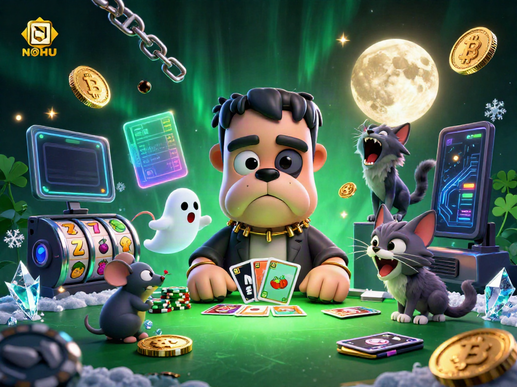 Participate in thrilling NOHU slots with a 3D cartoon monster, vibrant coins, and game elements.