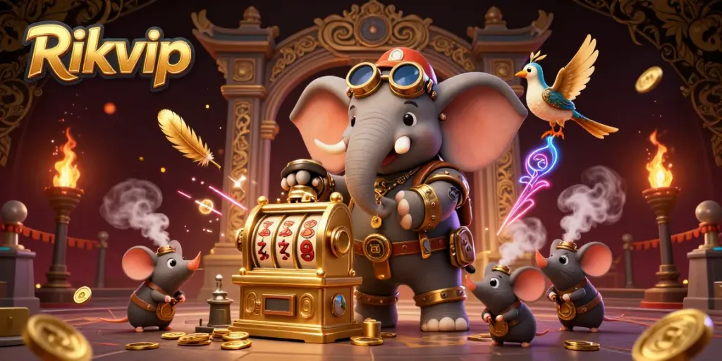 Experience the excitement of Rikvip with a steampunk elephant engaging players at a golden slot machine.
