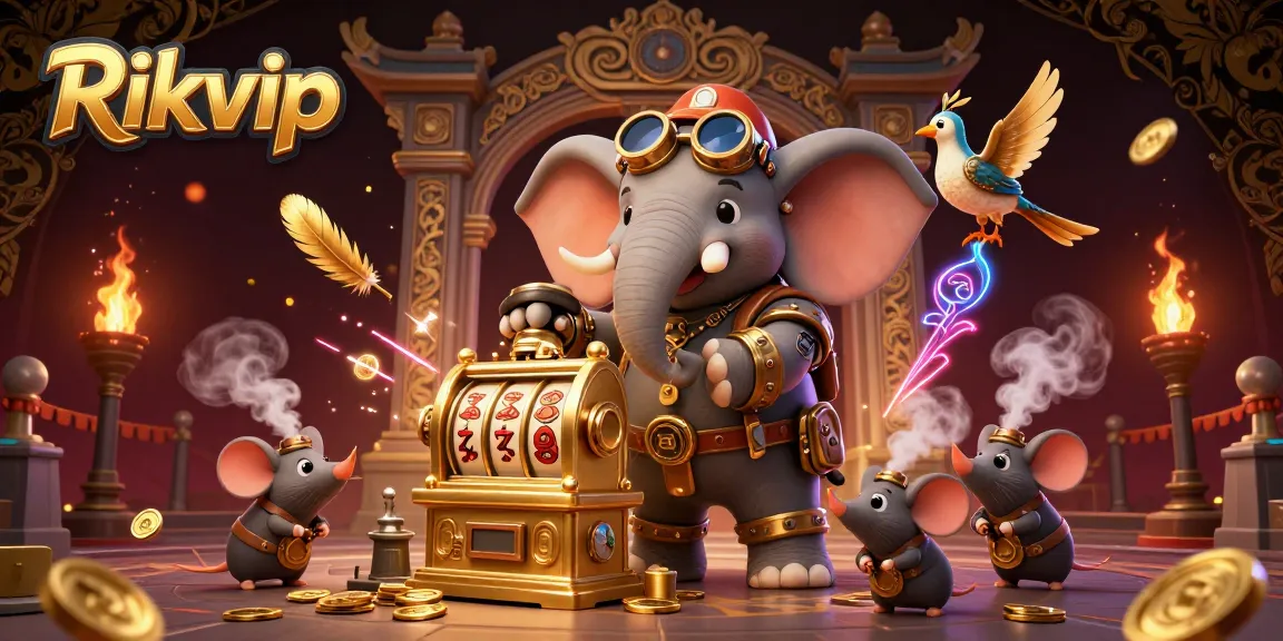 Experience the excitement of Rikvip with a steampunk elephant engaging players at a golden slot machine.