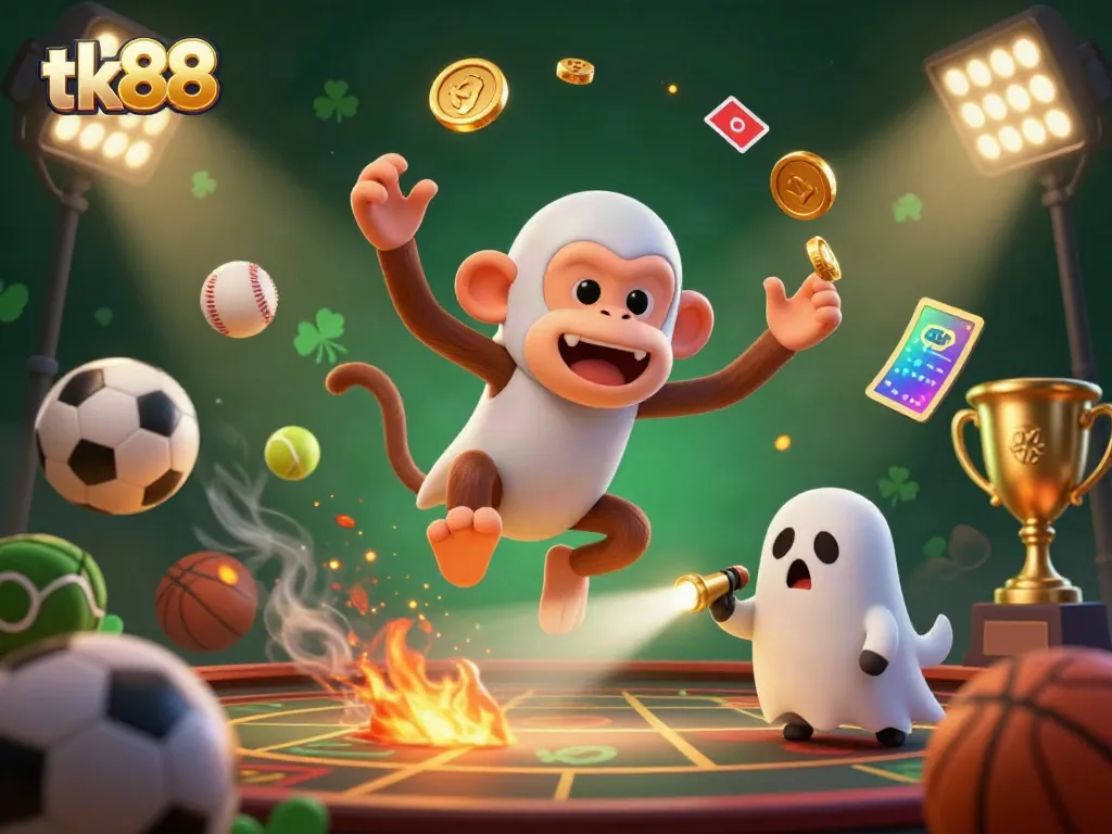 Engage with tk88's thrilling casino atmosphere, where a poltergeist monkey juggles gold amidst a sports-themed haunts.
