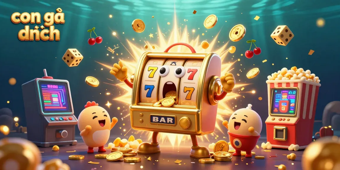 View the vibrant scene of con gà đen winning a jackpot with cheering slot machines and festive confetti.