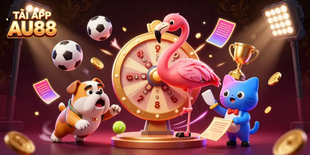 TẢI APP AU88 showcases thrilling casino action with the colorful flamingo host and bulldog contestant.