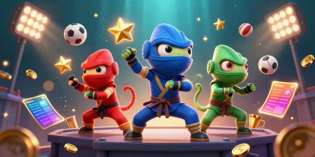 Cakhia showcases ninja chameleons performing martial arts with dynamic sports elements in a vibrant casino scene.