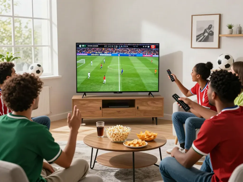 Xoilactv viewers enjoying a thrilling live soccer match in a stylish living room