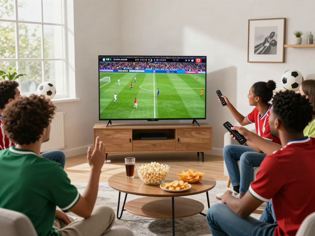 Xoilactv viewers enjoying a thrilling live soccer match in a stylish living room