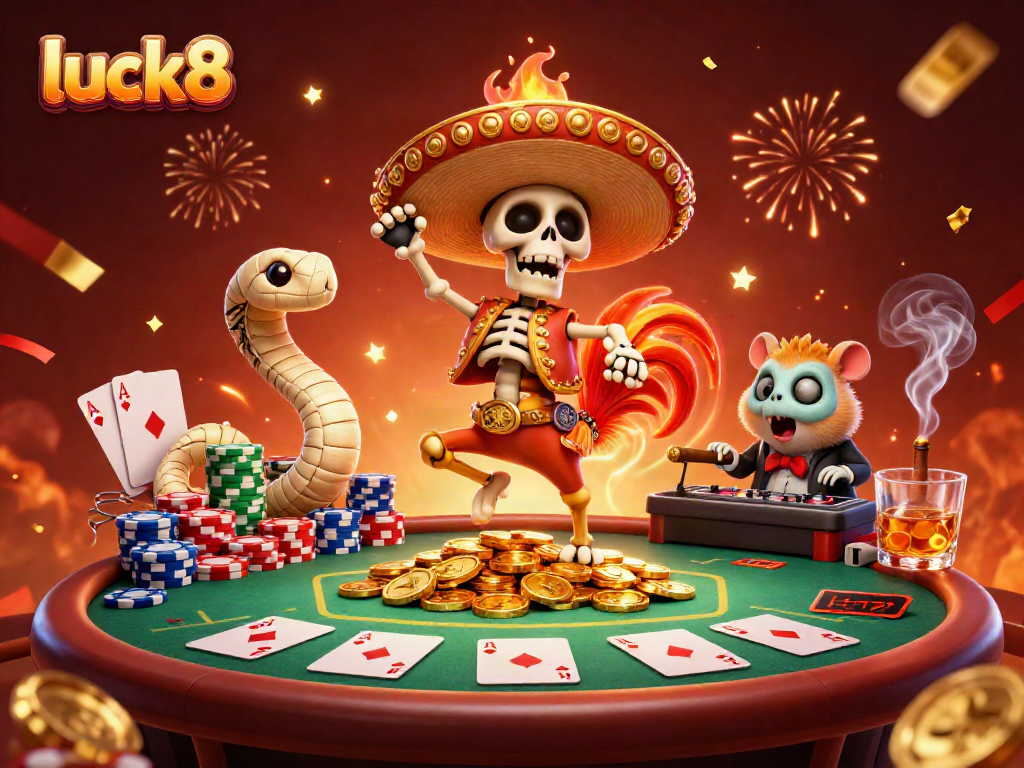 Experience the excitement of luck8 with a festive carnival scene, featuring vivid characters celebrating victory on a casino backdrop.