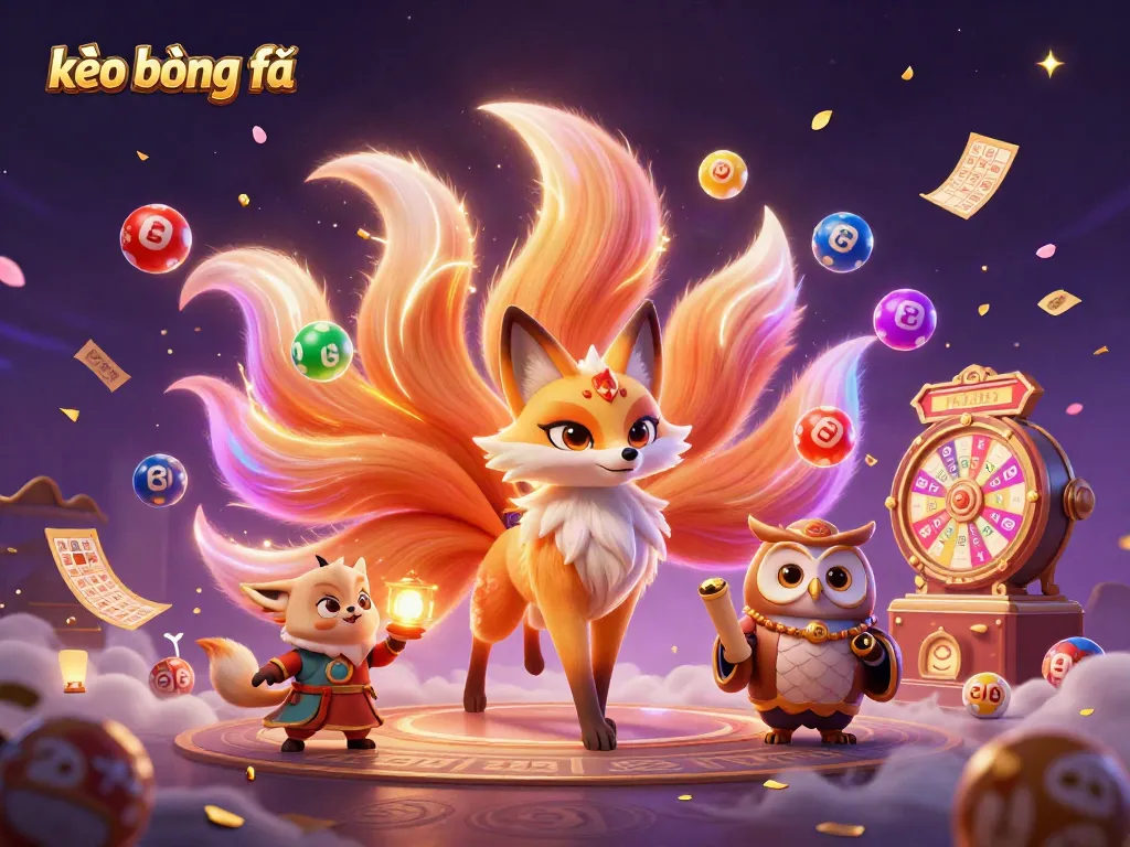 Engaging kèo bóng đá experience with a colorful nine-tailed fox spirit, wise owl, and vibrant gambling elements.