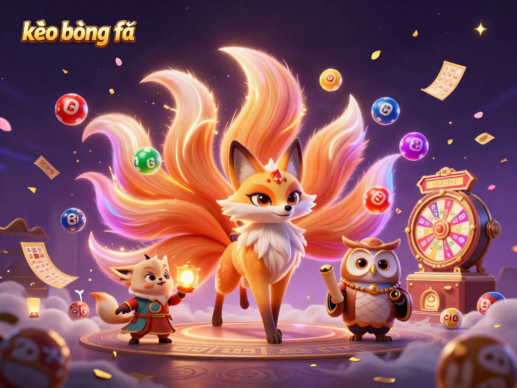 Engaging kèo bóng đá experience with a colorful nine-tailed fox spirit, wise owl, and vibrant gambling elements.