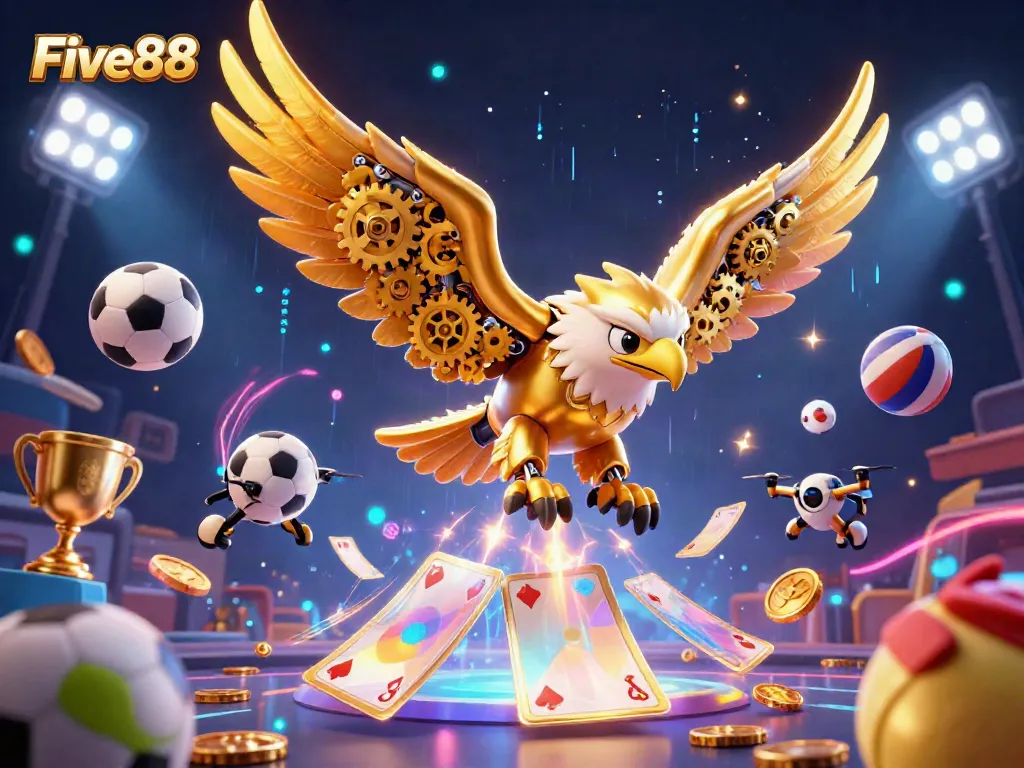 Engaging scene featuring Five88 with a cybernetic eagle, holographic cards, and dynamic sports elements.