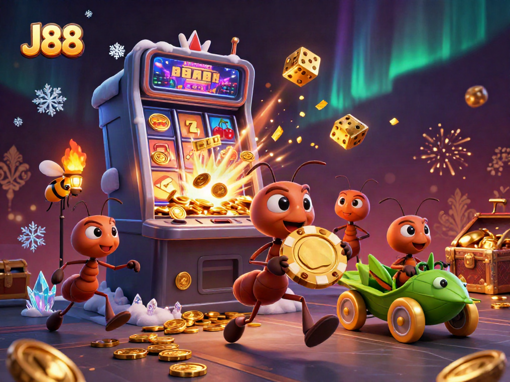J88 ants themed illustration depicting an exciting casino heist with jackpots and vibrant gaming elements.