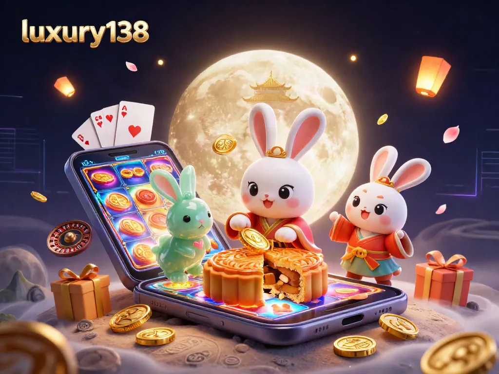 Experience luxury138 with vibrant poker chips and dynamic slot games amidst a fantastical moonlit scene.