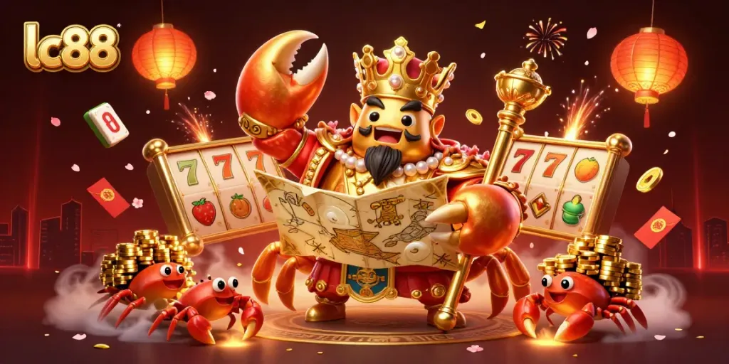 Experience lc88's thrilling slot games with a royal crab emperor and vibrant casino elements all around.