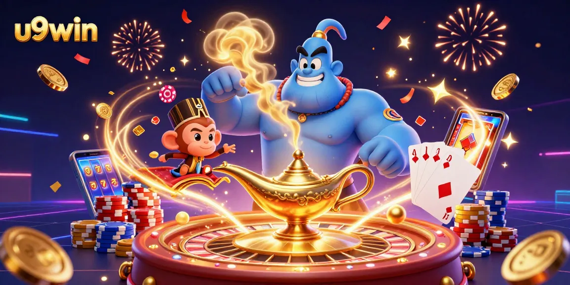 Experience excitement at u9win with a dynamic casino scene featuring a genie, poker chips, and dazzling winnings.