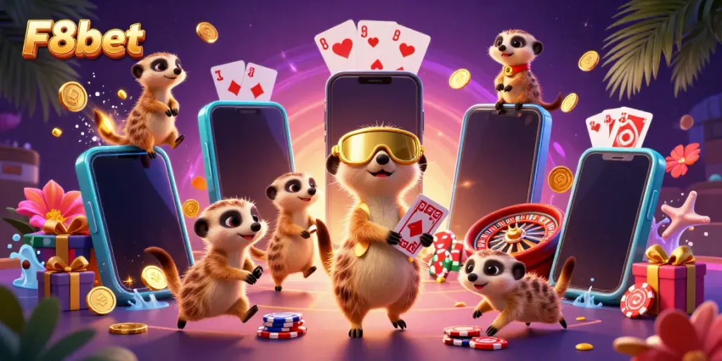 Experience gaming excitement at F8bet with meerkats in a vibrant casino scene, featuring slots and card games.