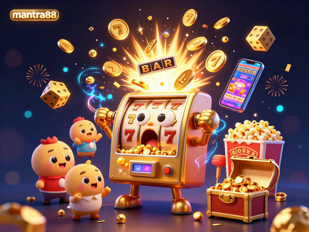 Experience the exciting jackpot wins at mantra88 with golden slot machines bursting with coins and vibrant casino elements.