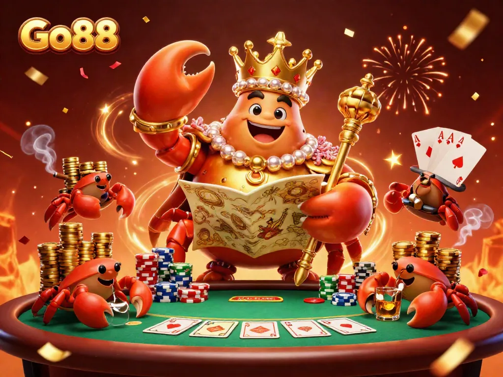 Go88 casino scene featuring a golden crab emperor and hermit crabs amidst vibrant poker action.