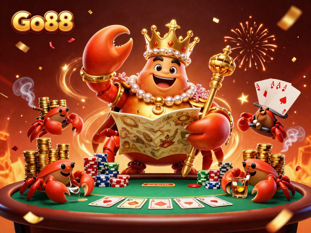 Go88 casino scene featuring a golden crab emperor and hermit crabs amidst vibrant poker action.