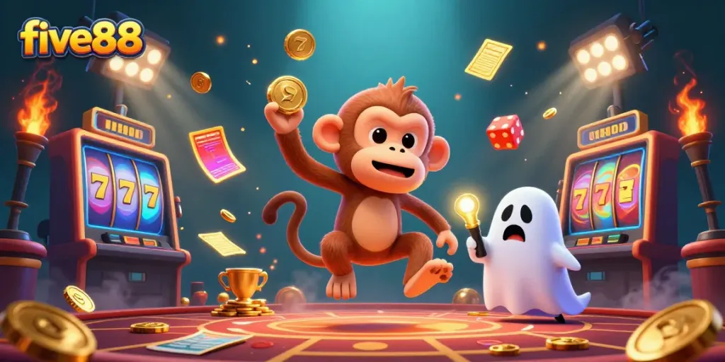 Experience the thrilling five88 casino world with a mischievous monkey and adventurous puppy!