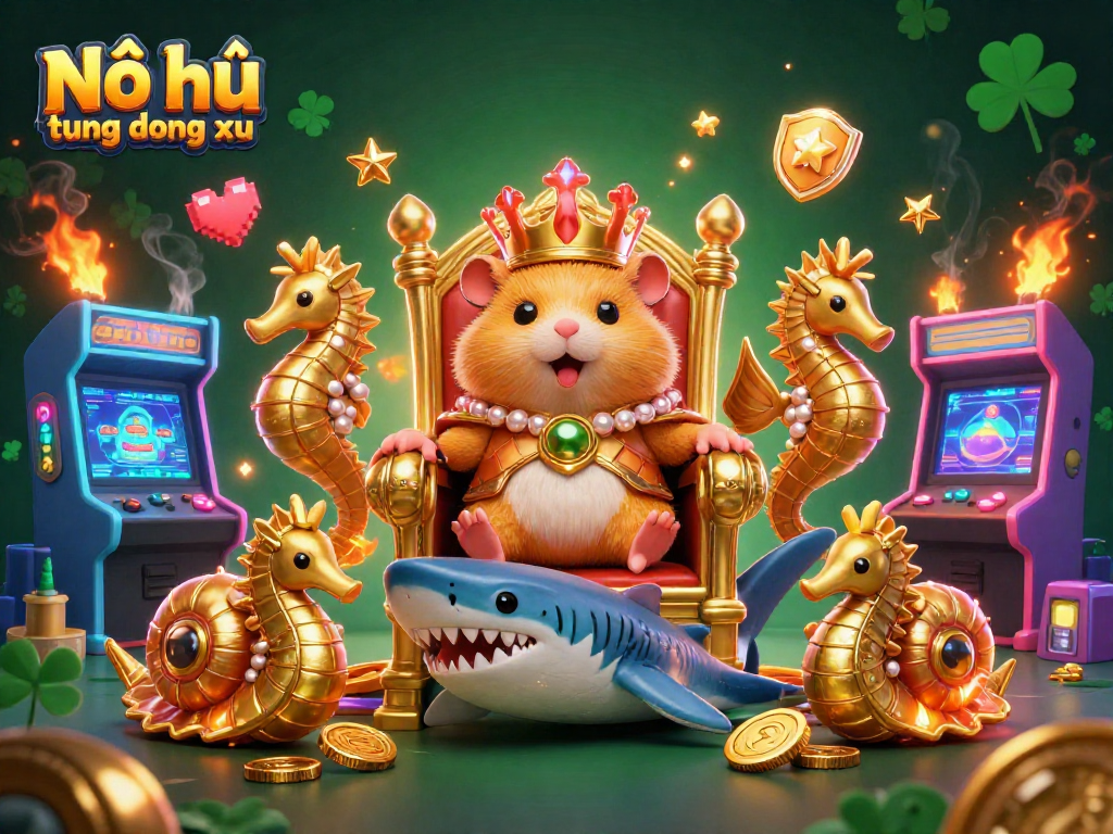 Engage in the exciting Nổ hũ tung đồng xu experience with a royal hamster king ruling in a vibrant casino setting.