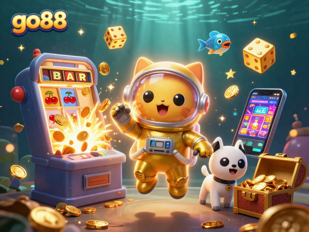 Experience the thrill of go88 with vibrant casino action featuring a space cat and robot dog.