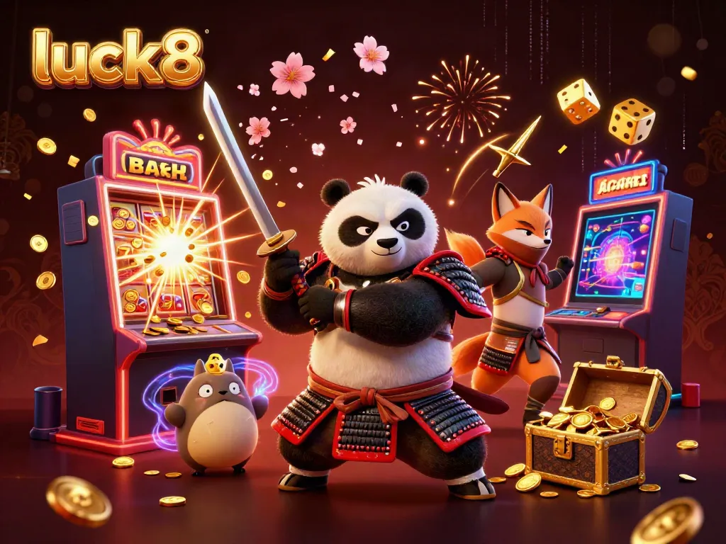 Experience luck8 with a vibrant 3D casino scene featuring a samurai panda and a dynamic jackpot explosion.