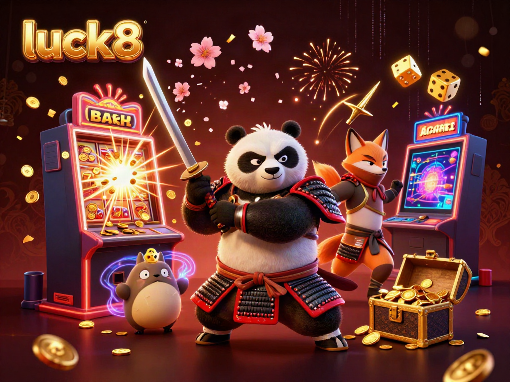 Experience luck8 with a vibrant 3D casino scene featuring a samurai panda and a dynamic jackpot explosion.