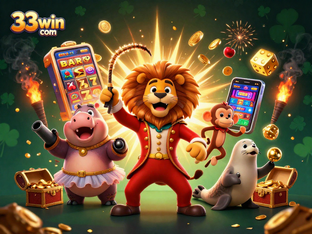 Experience thrilling wins at 33win com with a vibrant 3D casino illustration featuring colorful characters.