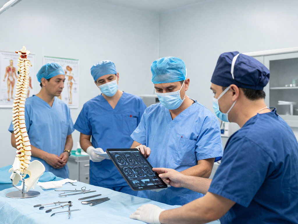Orthopedic team discussing Dar kanal ameliyatı in a clinical environment, highlighting advanced spinal health care.
