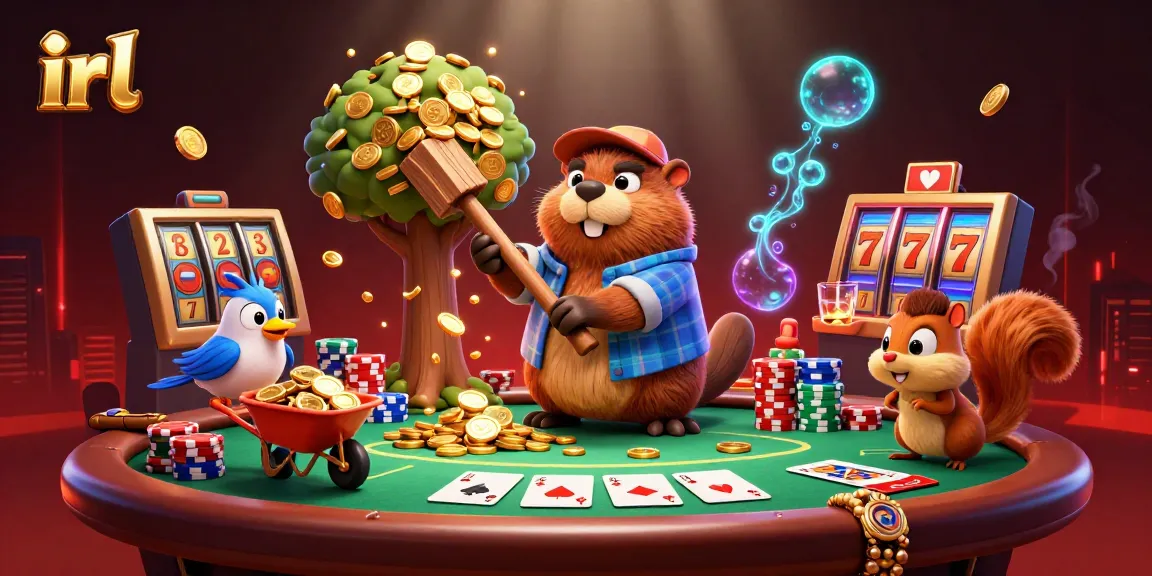 Interact with thrilling gameplay at irl, where a cartoon beaver chops a golden coin tree while surrounded by poker elements.