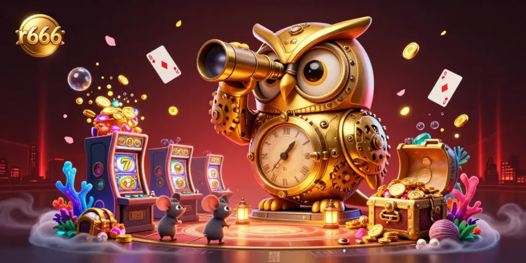 Experience r666 at this vibrant casino scene featuring a clockwork golden owl and playful mice.