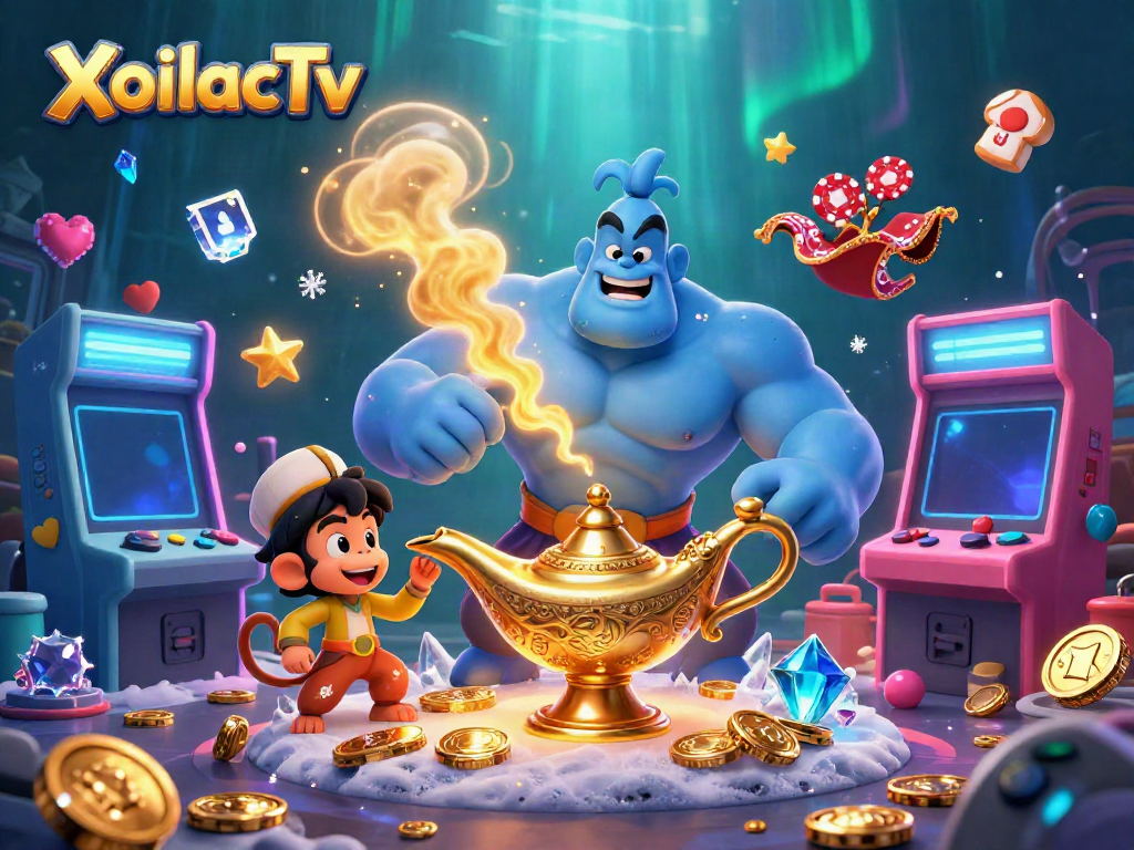 XoilacTv features a vibrant 3D genie bursting from a lamp accompanied by poker chips, showcasing captivating online casino gaming elements.