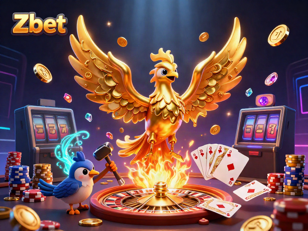 Zbet captivates with a golden phoenix and casino elements in an immersive 3D digital illustration.