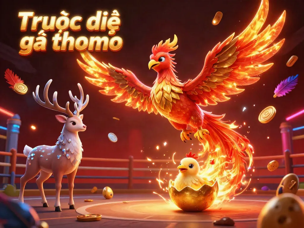 Experience the excitement of Trực tiếp đá gà thomo with a vibrant phoenix scene featuring a dynamic cockfighting arena.