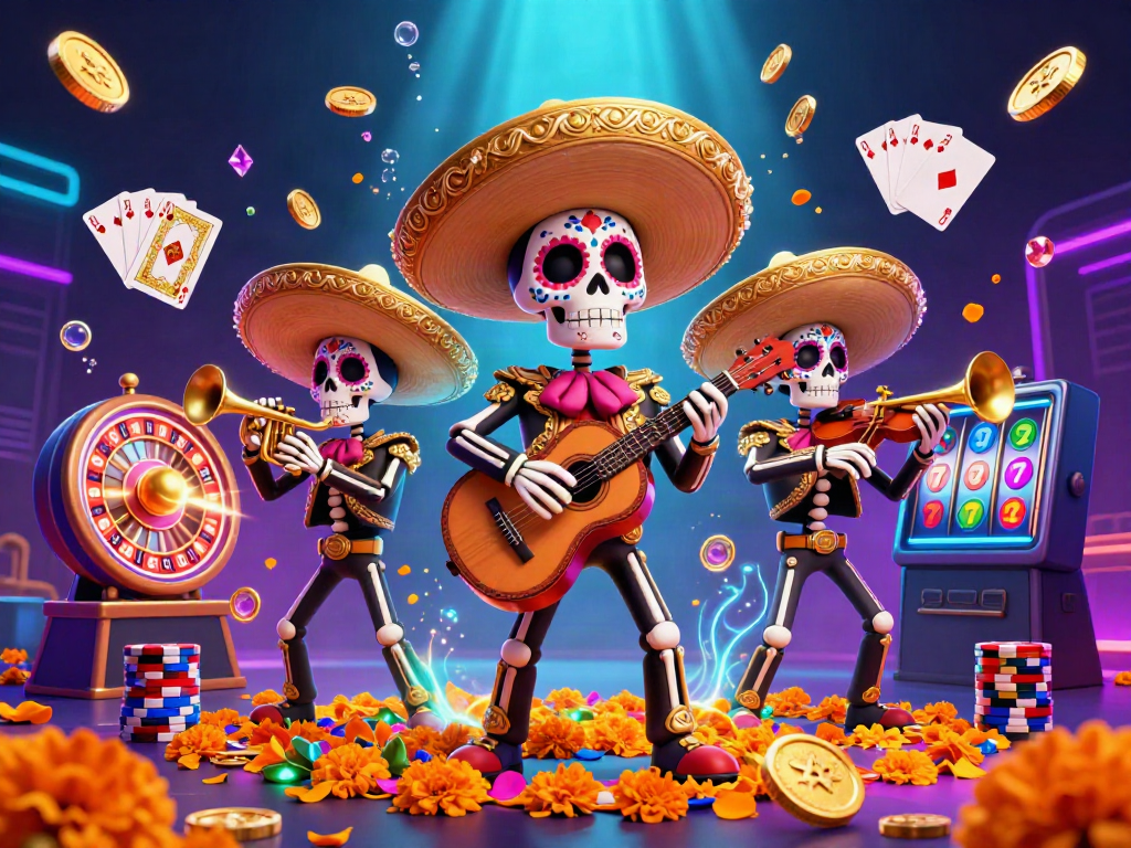 Engage with the vibrant SV388 casino scene showcasing a Day of the Dead skeleton mariachi band amidst exciting gaming elements.