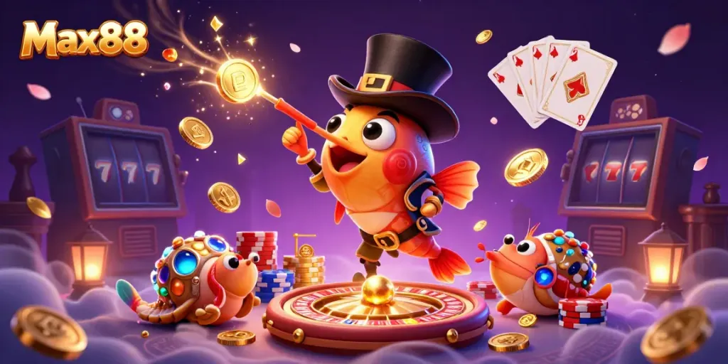 Max88 enchanting scene with an anglerfish, pirate shrimp, and gem snail attracting golden coins.