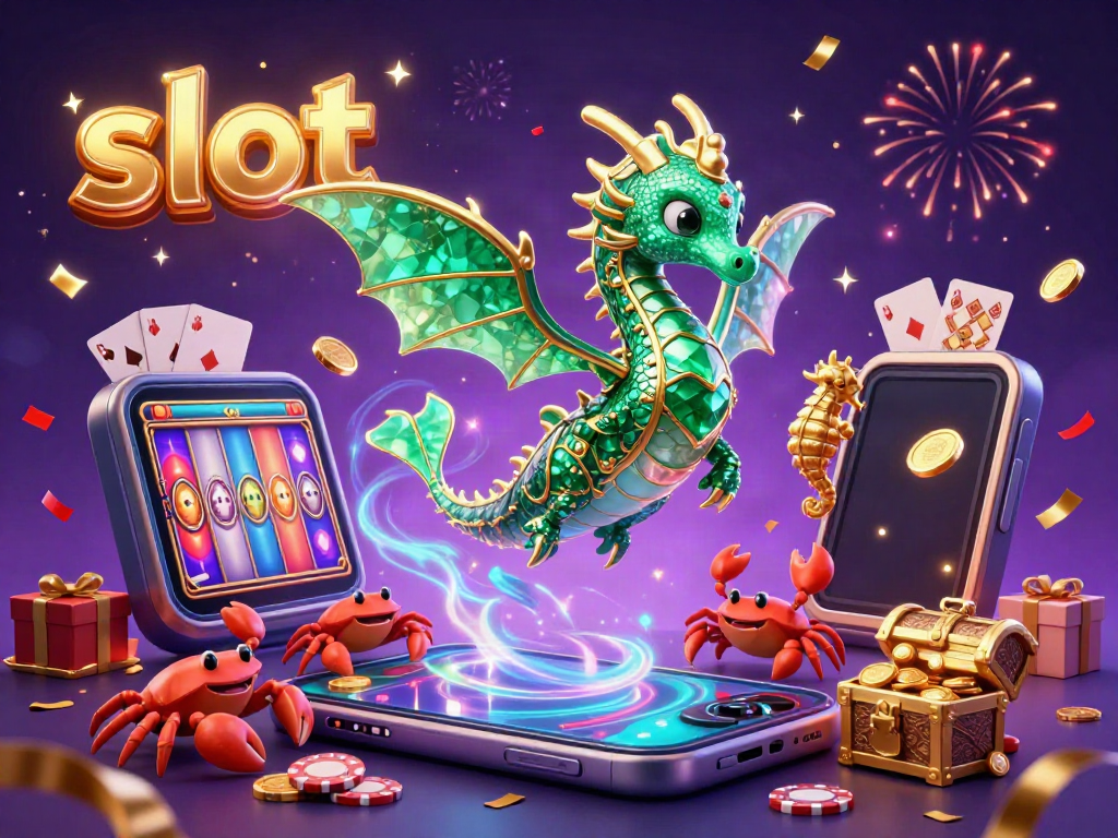 Experience the thrill of slots as a vibrant sea dragon guards golden treasures and a colorful slot game.