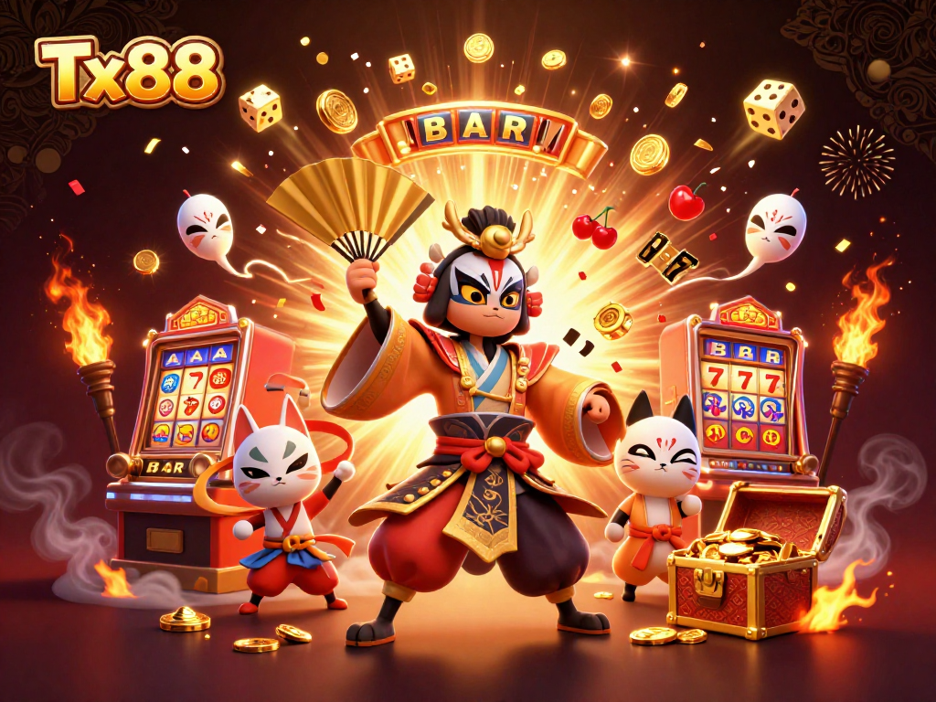 Experience thrilling gameplay at Tx88 with a kabuki warrior and exciting casino elements.