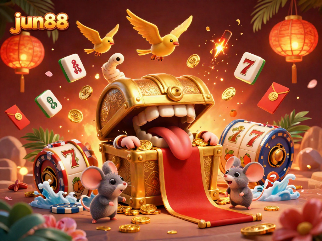 Engage in exciting gameplay at jun88 with a vibrant scene of a treasure chest and slots in a casino atmosphere.