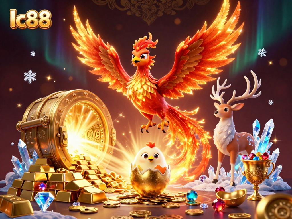 Experience the vibrancy of lc88 with a stunning illustration featuring a phoenix and jewels.