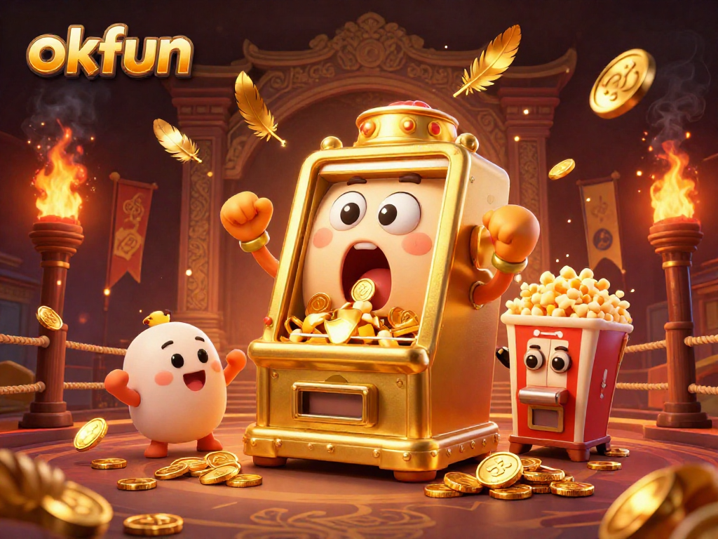 okfun slot machine hitting a jackpot with cheerful baby machines and popcorn sidekick in a vibrant casino scene