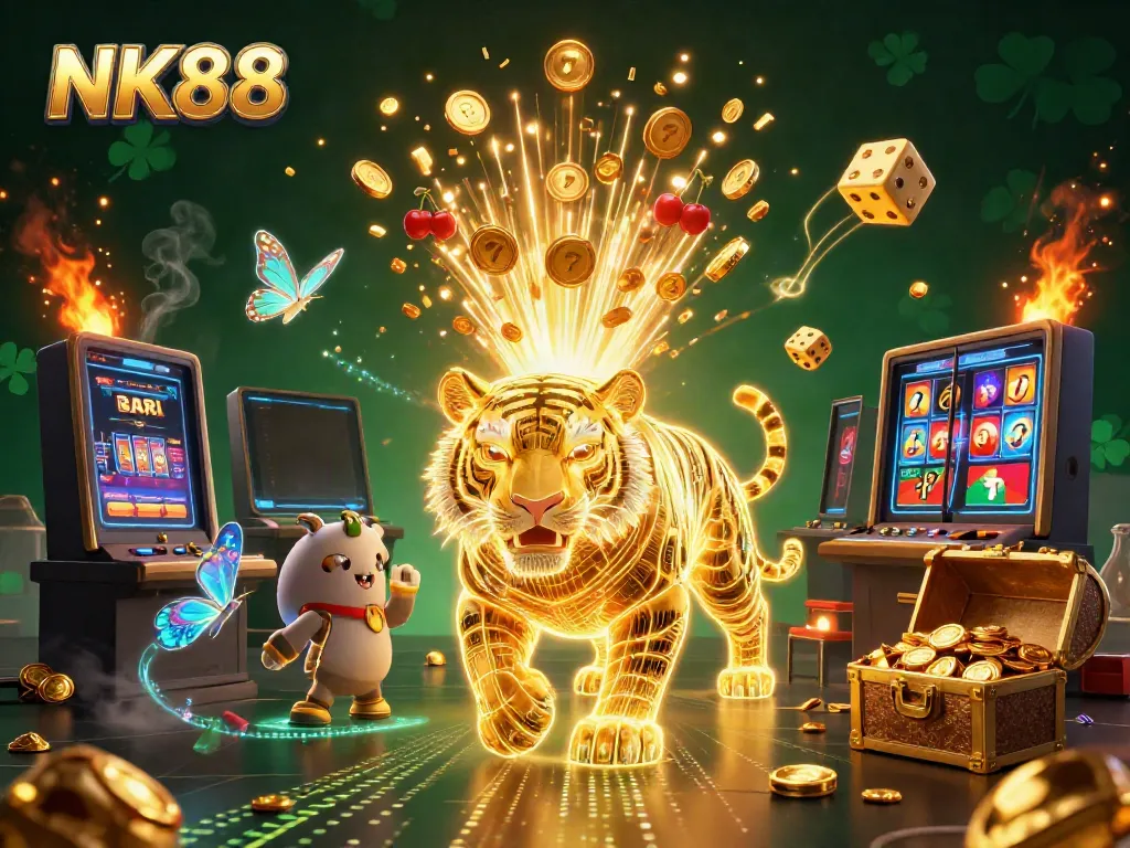 Engage with the vibrant casino world of NK88, featuring a dynamic slot machine and golden tiger.