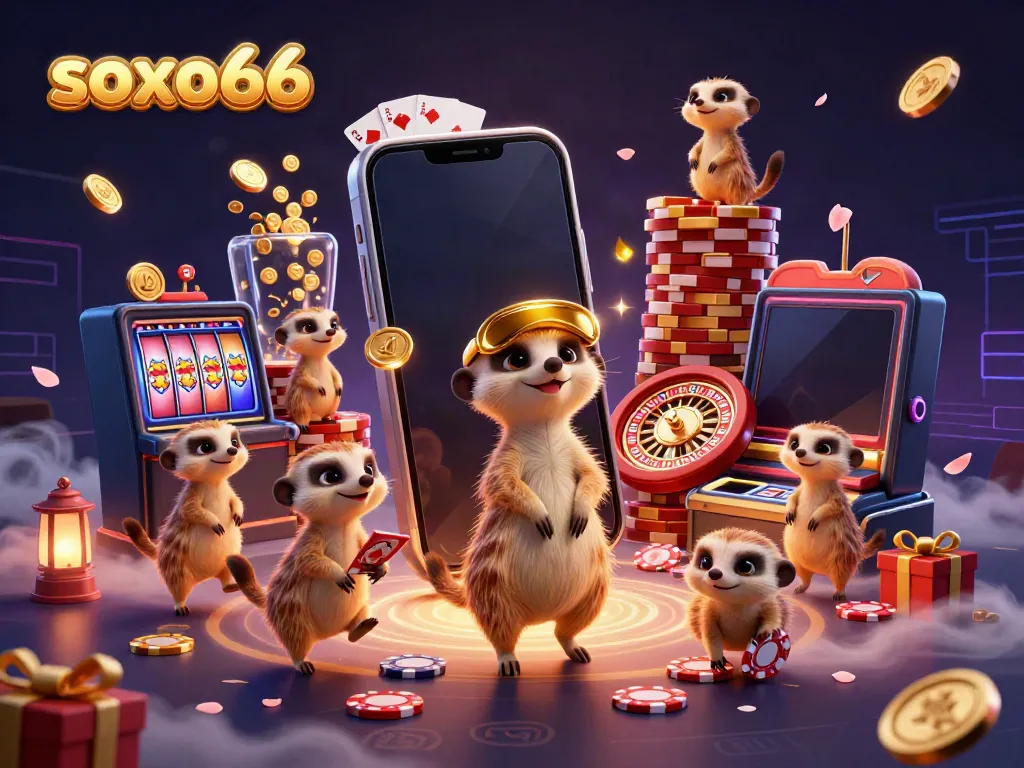 Engaging scene with soxo66 meerkats running a vibrant casino, showcasing action and excitement.
