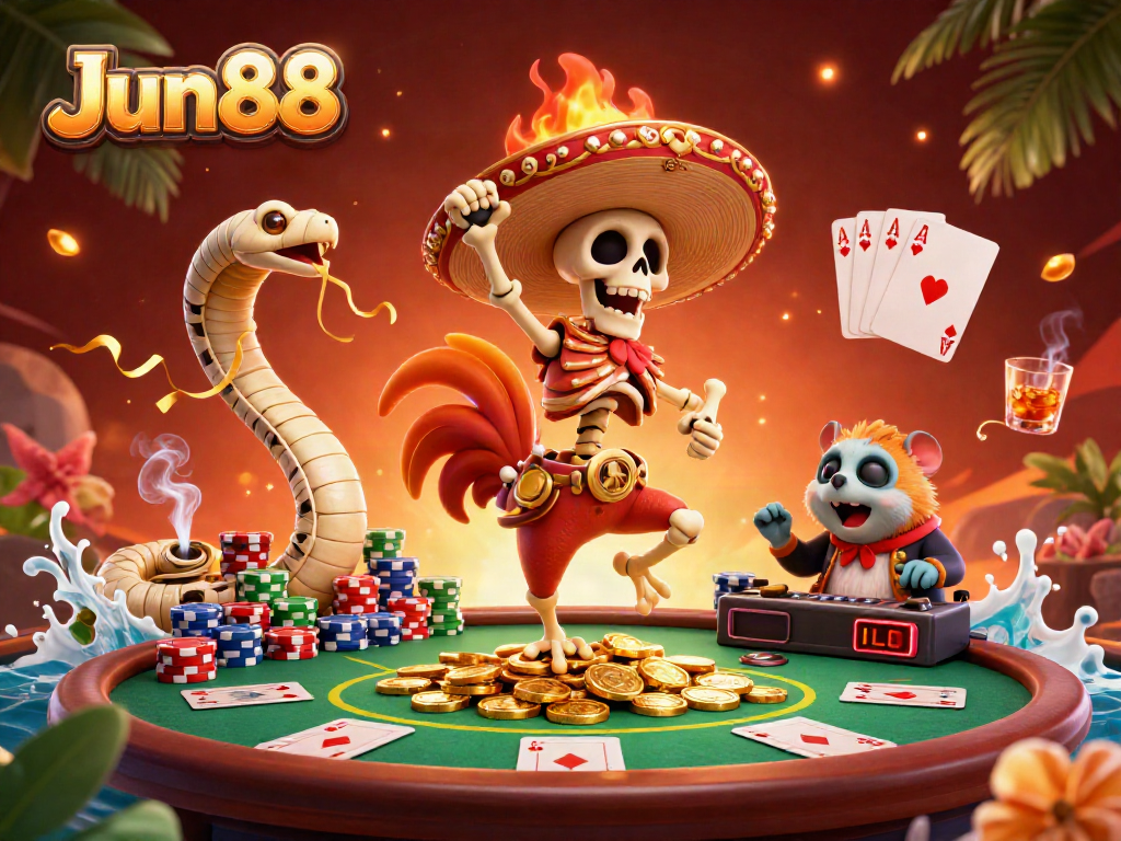 Experience Jun88 casino thrills with this vibrant 3D scene of a festive gaming celebration.